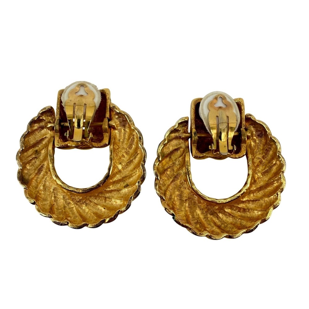 Vintage Gold Navy Blue Enamel Twisted Door Knocker Clip On Statement Earrings - Picture 2 of 5